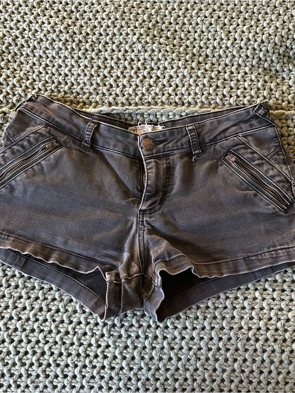 Free People Washed Gray Denim Zip-Pocket Shorts